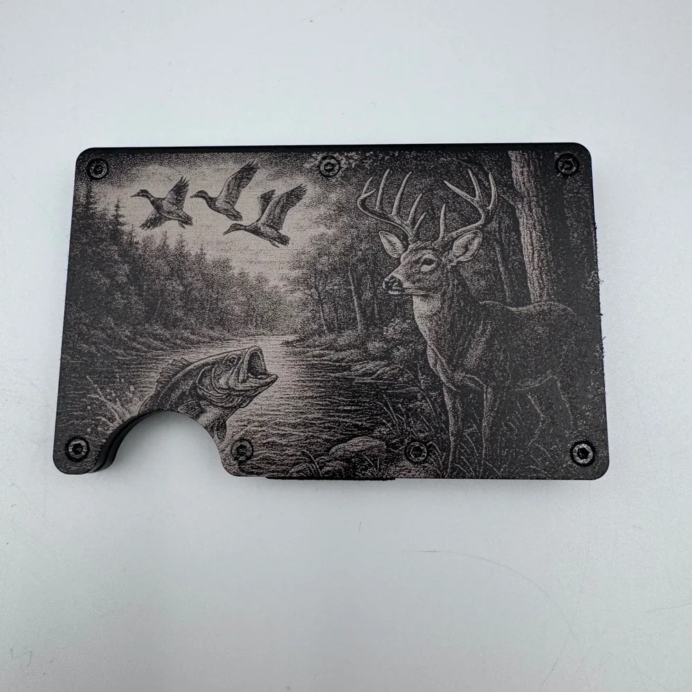 Mens Laser Etched Wildlife Metal Minimalist Wallet Money Clip Buck Bass Duck